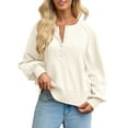 thumbnail image 3 of Women'S Button Crew Neck Sweater Fall Long Sleeve Henley Shirts Trendy Loose Knit Pullover Tops White M, 3 of 8