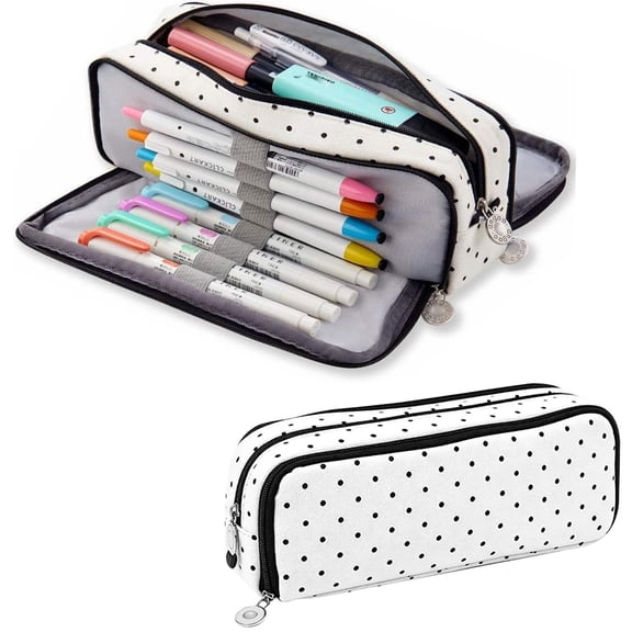 Large Pencil Case Big Capacity Pencil Pouch with 3 Compartments Canvas Pen Bag Marker Pen Bag Pencil Case for Women Black Polka Dot