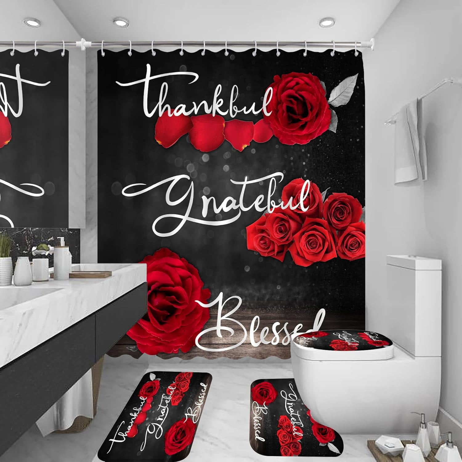 Red Rose Shower Curtain Sets, Thankful Grateful Blessed Bathroom Curtain with Non-Slip Rug, Toilet Lid Cover, Bath Mat and 12 Hooks, Romantic Showy Floral Wedding Decor for Bath