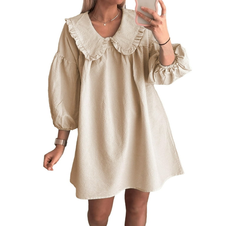 cute summer dresses sale VBTAPA Women's Babydoll Mini Dress Puff Sleeve Plaid Dresses Cute Doll  Collar Summer Dresses Loose Comfy Casual Beach Dress on Sale Khaki M