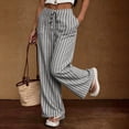 thumbnail image 7 of Faux Linen Pants Women Tall Lightweight Striped Lounge Trousers Summer Lace-up High Waist Flowy Straight Pants with Pockets,XL, 7 of 7