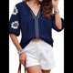 thumbnail image 1 of Blusas de Verano para Mujer, Blusas Florales Bordadas con Mangas Abullonadas, Cuello en V, Estilo Bohemio, Informal Azul Marino L, 1 of 7