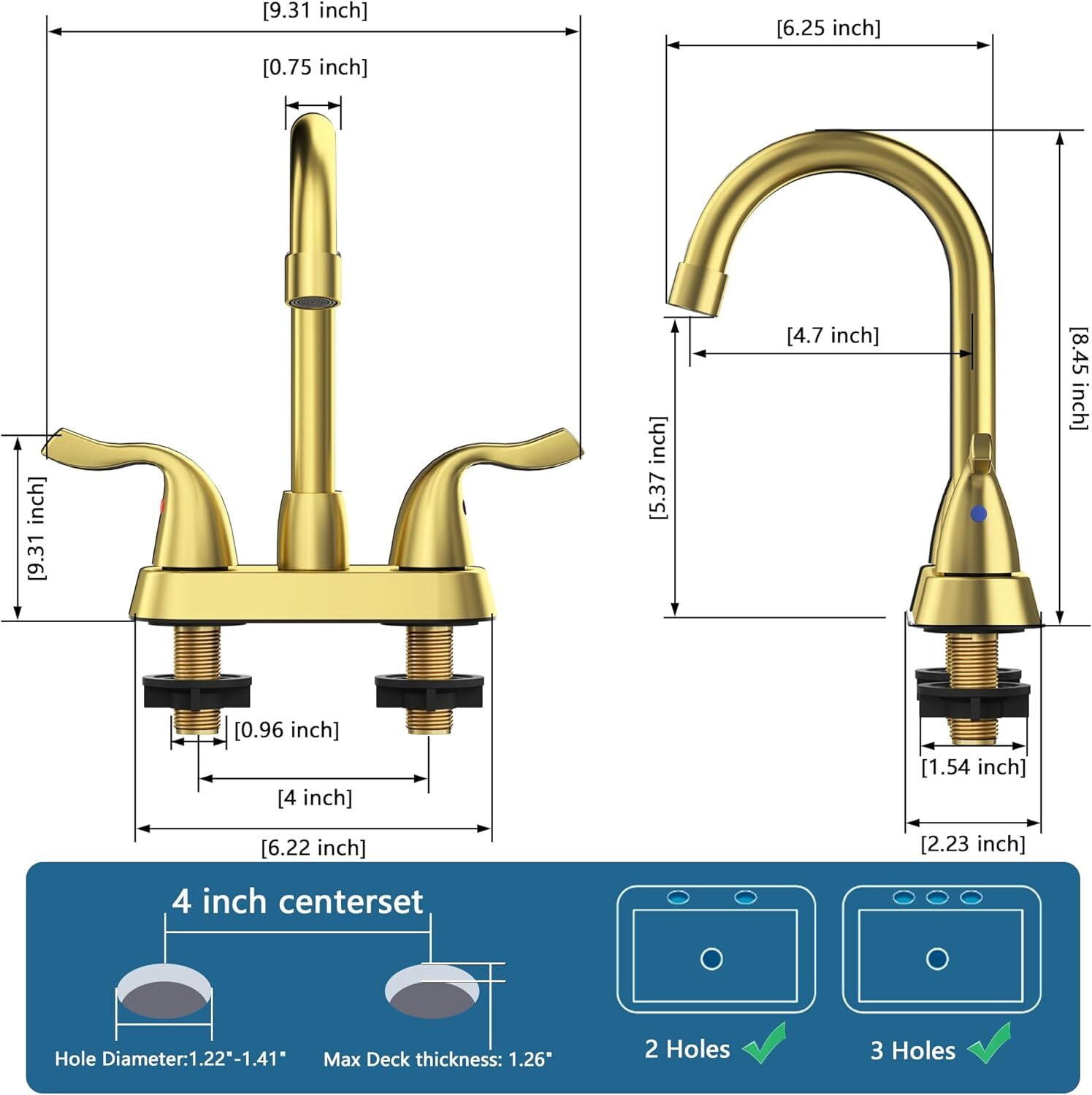 Bathroom Sink Faucet, 2 Handle Bathroom Faucet 4 Inch Centerset Bathroom Faucet 2 or 3 Hole Vanity Sink Faucet, Faucet Bathroom with Pop-up Drain and Supply Lines (Brushed Gold)