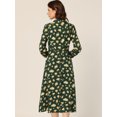 thumbnail image 4 of Vestido midi fluido informal con cinturón y manga larga con cuello de pajarita y estampado floral para mujer Verde oscuro-Floral XS, 4 of 5