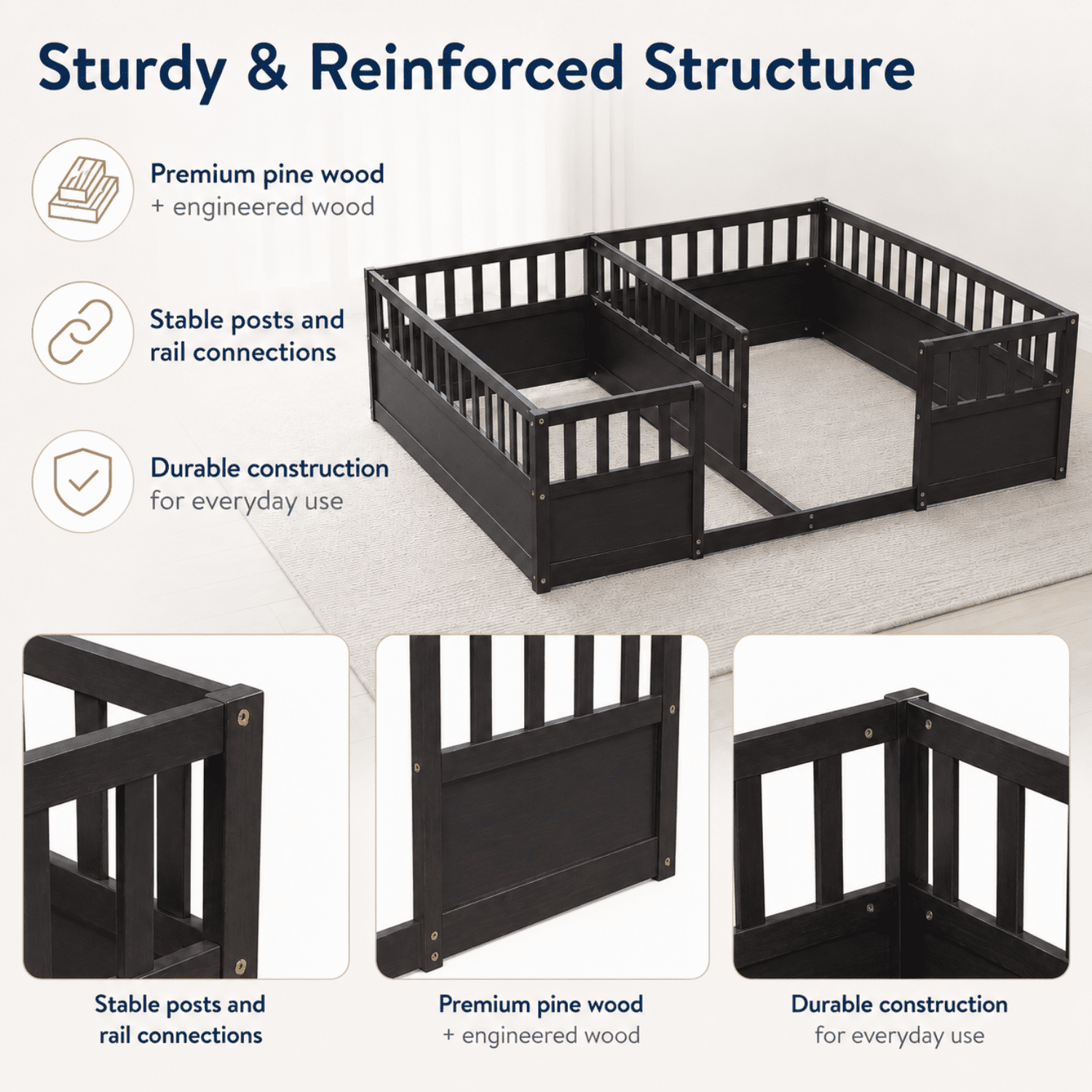 Miniyam Double Twin Size Floor Bed, Wood Kids Bed with Guardrails, Espresso