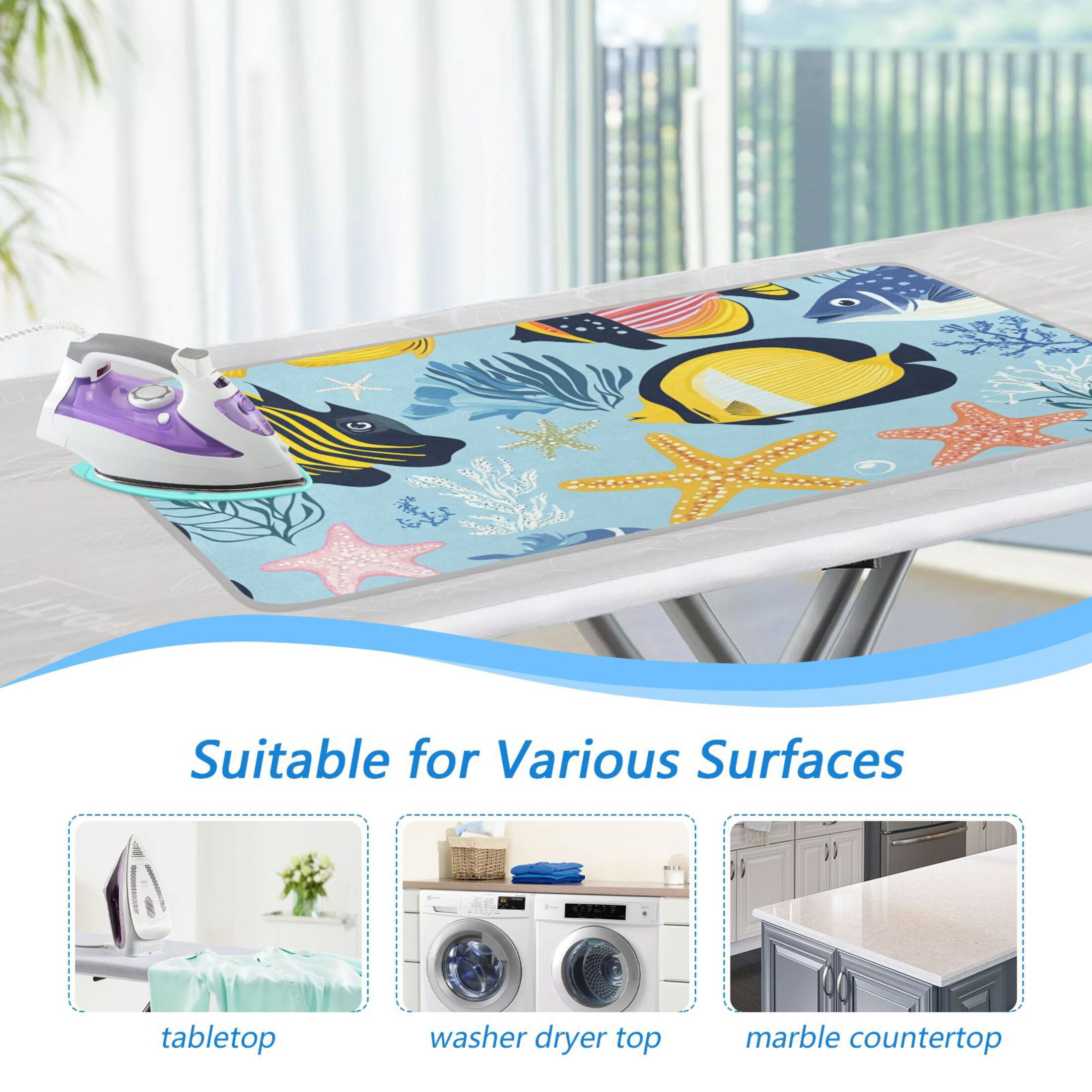 Colorful Fishes Leaves Starfishes Ironing Mat Blanket Portable Travel Ironing Pad Heat Resistant Pad 47.2" x 27.6”