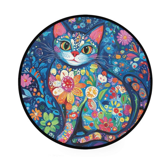 BZSMCE Round Decorative Floor Mat Blooming Cat Delight Pattern 36.2IN