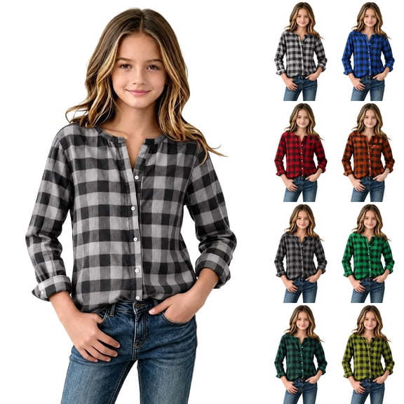 TGSLY Girls' Plaid Button Down Shirts Lightweight Soft Henley Long Sleeve Tops Relaxed Fit Casual Fall Regular Shoulder Blouses 12-14 Years