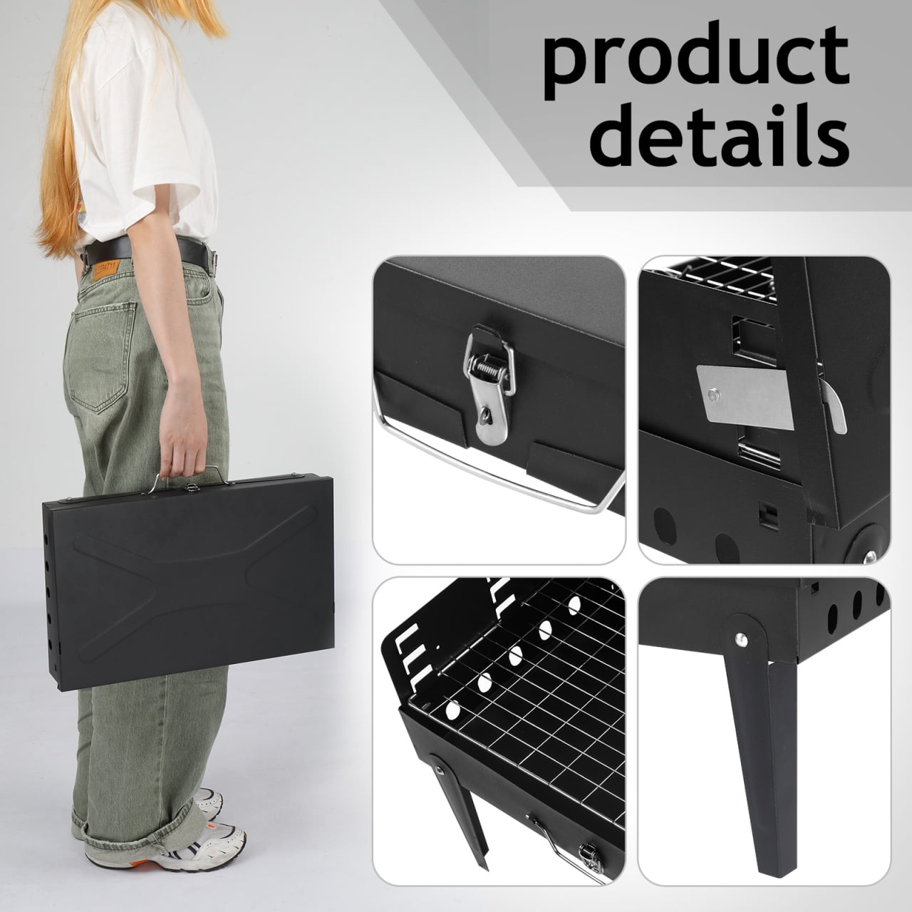 Square Portable Charcoal Grill, Small Folding BBQ Grill, Foldable Camping Grill with Barbecue Accessories & Lid, for Outdoor Cooking Camp Picnic Hiking Beach Party Patio
