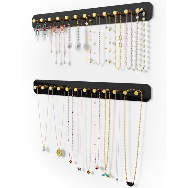 NiHome Organizador de Joyas de Acrílico de Pared, Paquete de 2, Estante Elegante y Duradero con Ganchos Resistentes de Acero Al Carbono, Instalación Sencilla, Múltiples Opciones de Montaje (Negro)