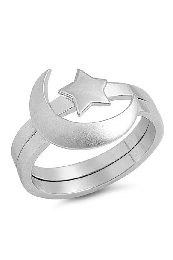 Unique Moon Star Ring Set .925 Sterling Silver Band Jewelry Female Male Unisex Size 9