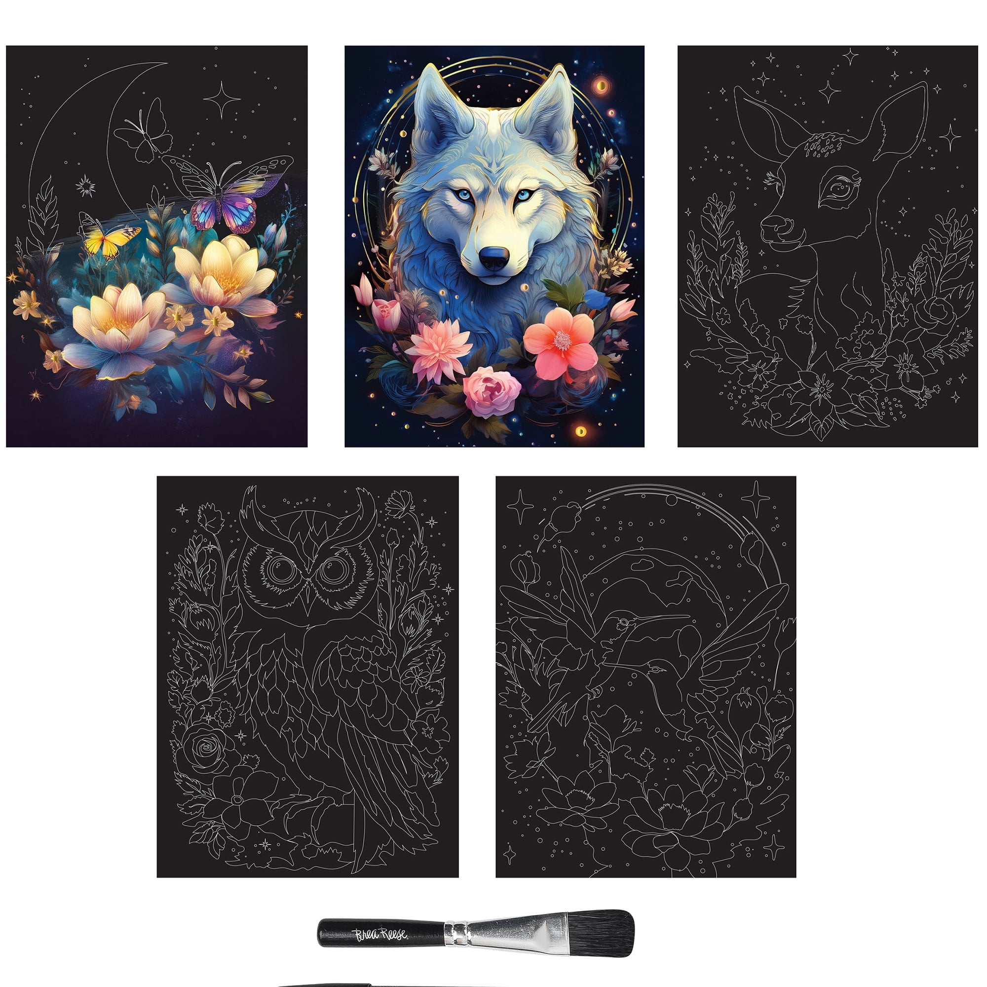 Brea Reese: Scratch Art Paper Pad - Moonlit Creatures - 5 Nature Designs, Metallic Foil, Dual-Tip Stylus & Brush, Easy-to-Frame 9x12 Pgs, Adult Craft