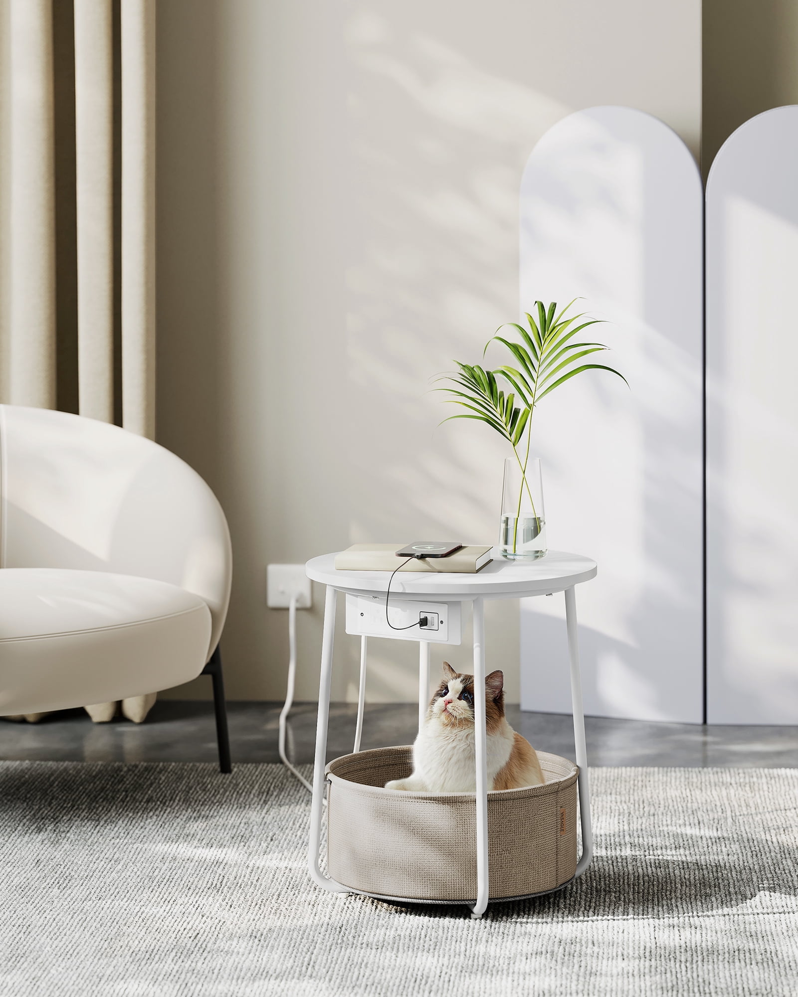 VASAGLE LILEA Collection - Side Table with Charging Station, Round End Table with Fabric Basket, Nightstand with USB Ports, for Living Room, Bedroom, Modern, Matte White and Camel Brown