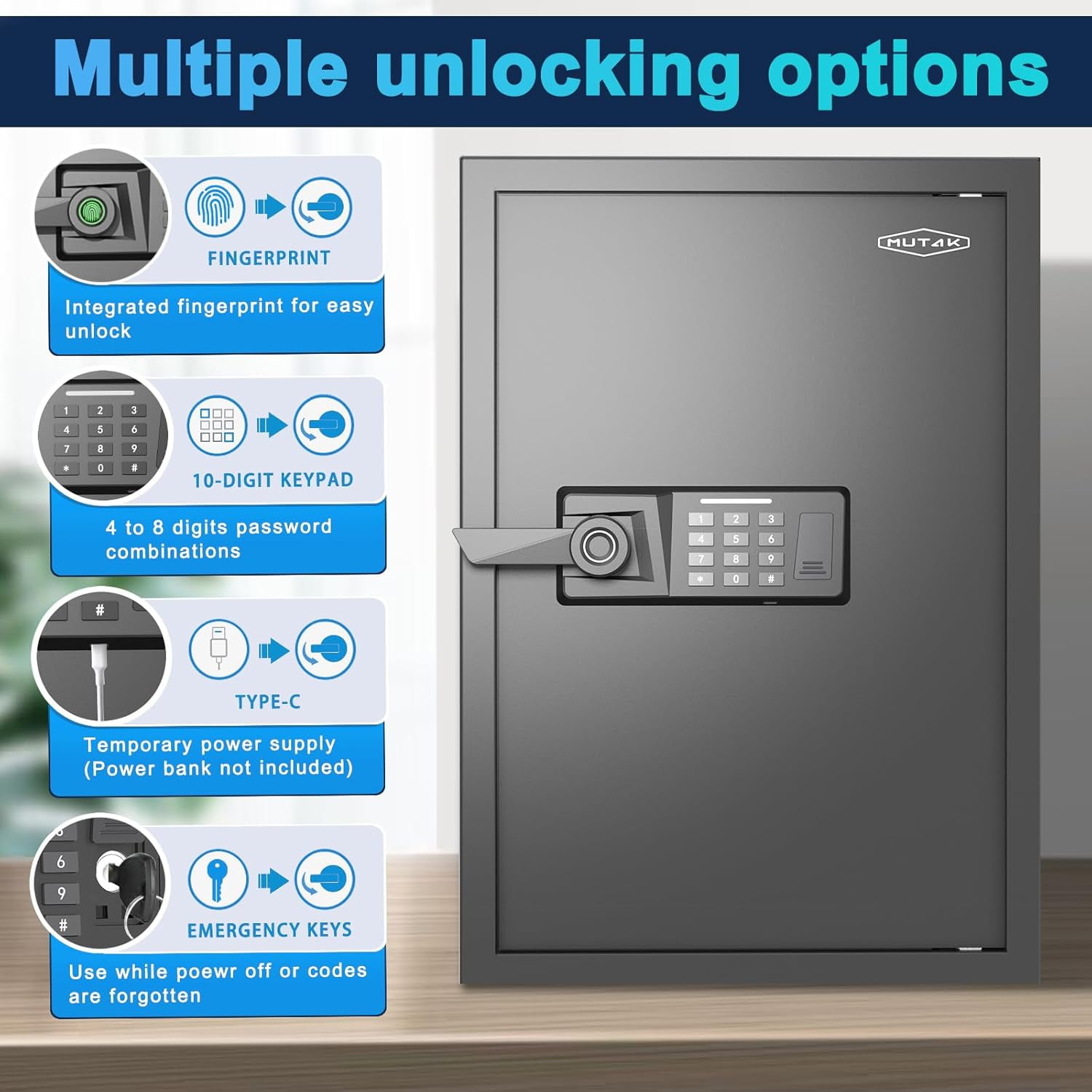 Mutak 2.0 CU.ft Electronic Biometric Safe Box with Fingerprint Lock, Home Safe Cabinet Security Box Digital Keypad Safe with Fireproof Bag