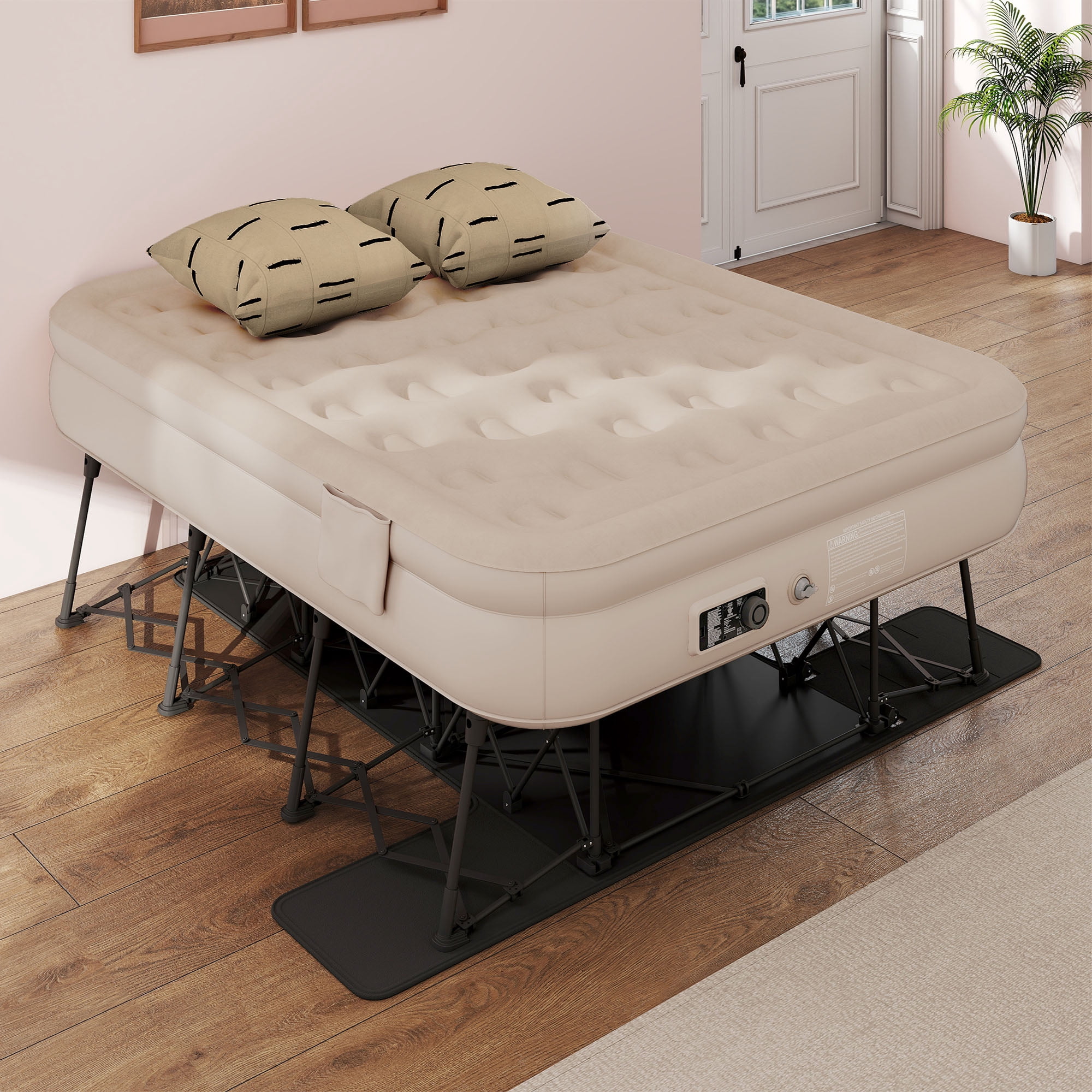 Uforic Queen Inflatable Air Bed with Folding Frame and Rolling Bag, Built-in Pump Blow Up Mattress, Portable Air Mattress for Camping, Guest Room and Travel, 79 x 59 x 28 Inches, Brown