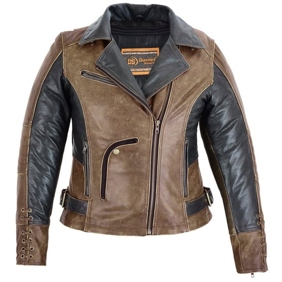 Daniel Smart Women Motorcycle Jacket Premium Biker Leather Jacket with Grommet Detailing with Lace Design
