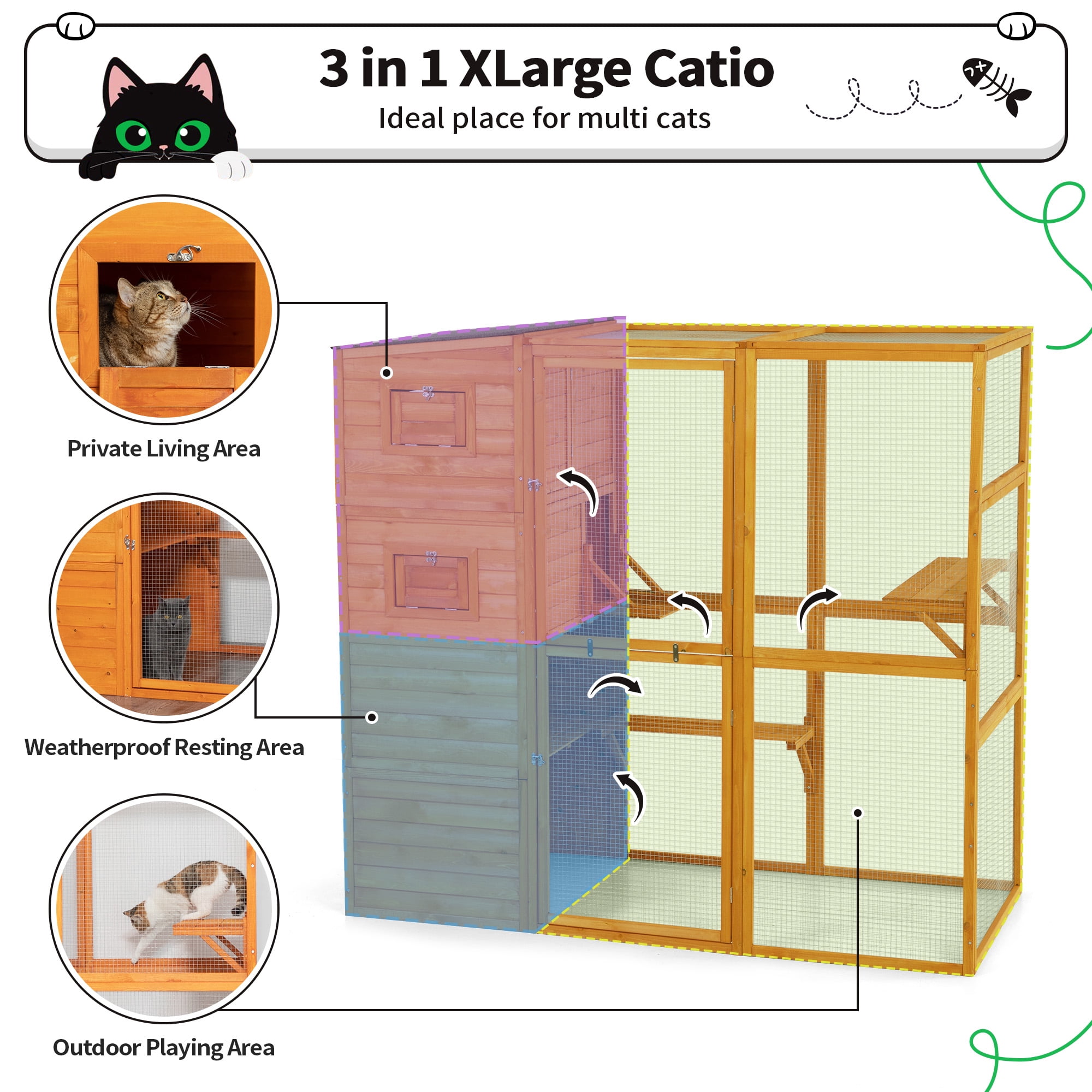 COZIWOW Wood  Cat House Catio Outdoor Enclosure, 2 Resting Condos, 2 Platforms, 4-Tier Cat Play Cage, Orange
