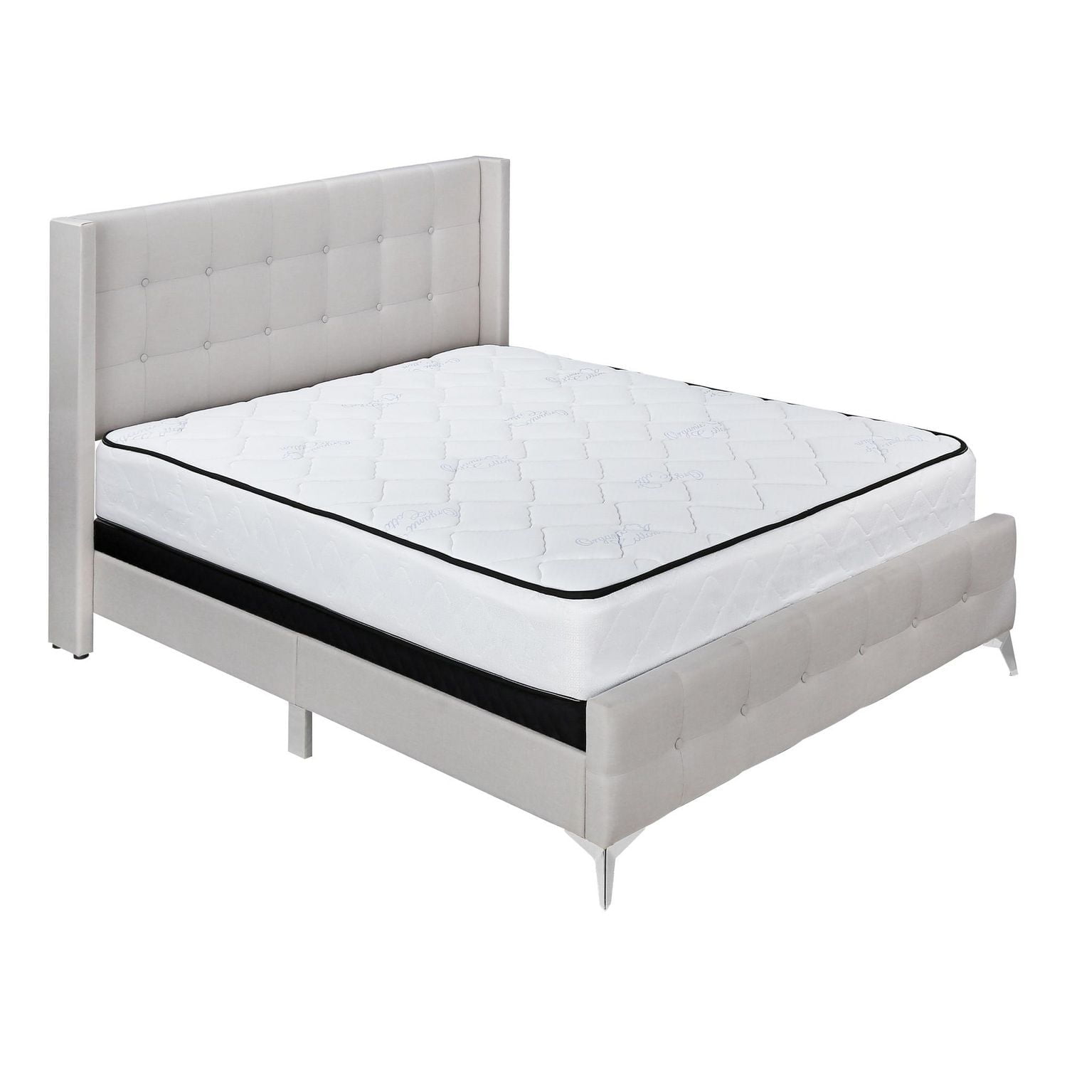 Monarch Specialties Bed, Queen Size, Platform, Bedroom, Frame, Upholstered, Linen Look, Metal Legs, Beige, Chrome, Transitional