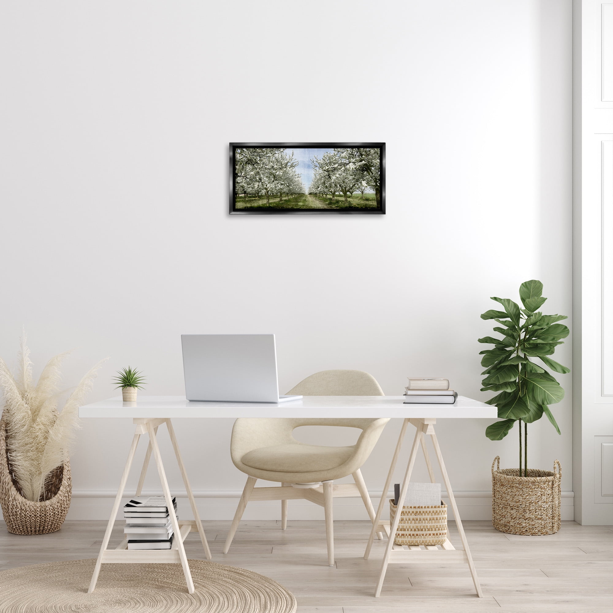 Stupell Industries Blooming White Tree Orchard Landscape Photography Black Floater Framed Canvas Art Print Wall Art, 25 x 11