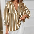 thumbnail image 4 of Trendy Striped Tops for Women 3/4 Length Puff Sleeve Dressy Casual V Neck Blouses Loose Button Up Shirts (L, Khaki), 4 of 6