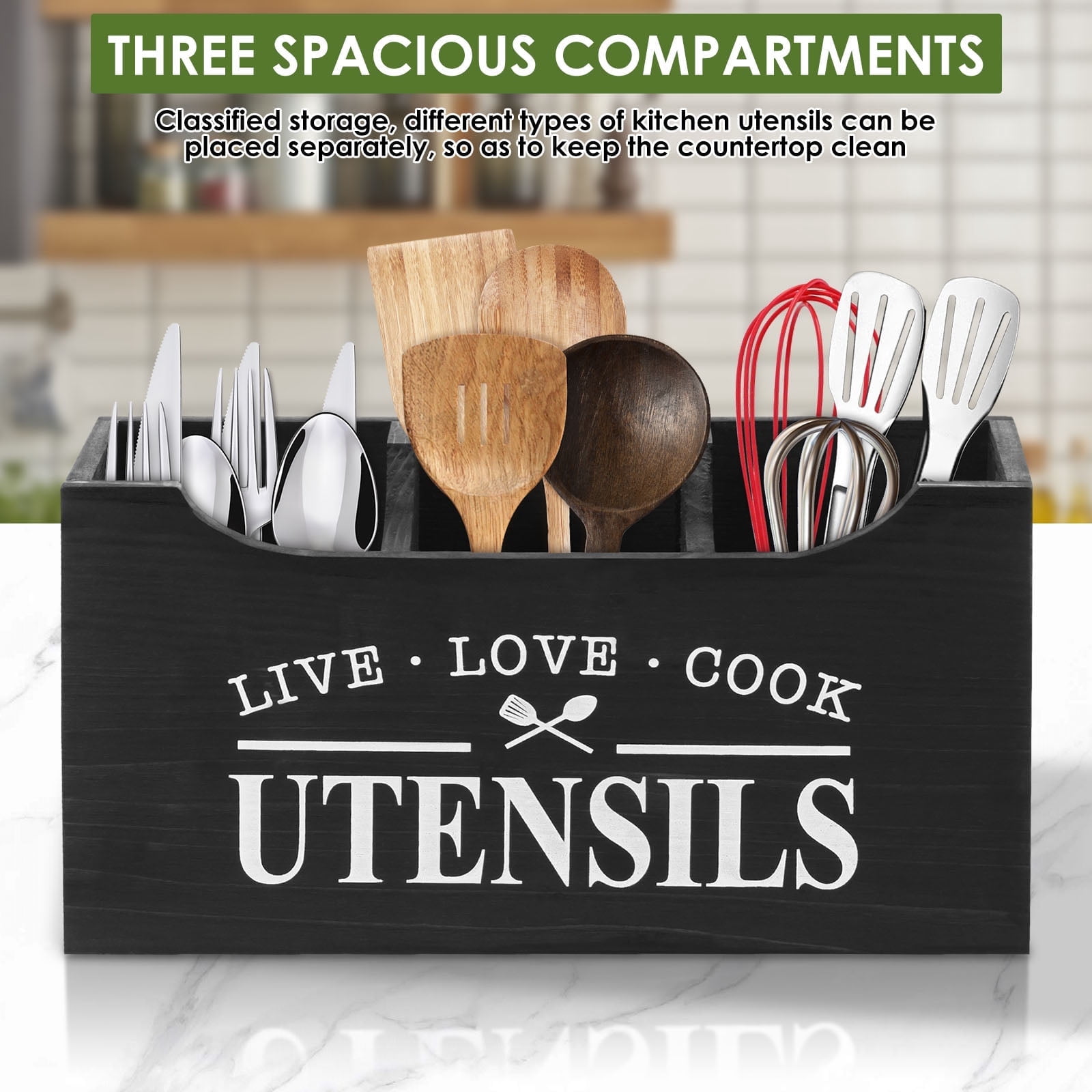 FUYGRCJ Kitchen Utensil Holder with Drainage Bottom, 3 Compartments Solid Real Wood Utensil Organizer for Kitchen Counter, Farmhouse Cooking Tools Storage for Home Countertop