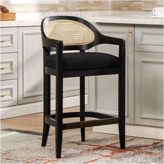 JERFIT Mid Century Modern Bar Stool with Cane Back, Solid Oak Wood Counter Height Chair, Brass Footrest, Farmhouse Kitchen Seating Black