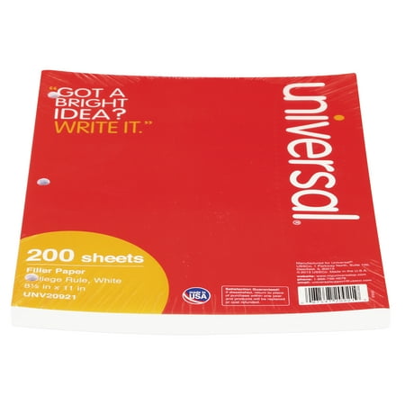 Universal Filler Paper, 8 1/2 x 11, College Rule, White, 200 Sheets/Pack