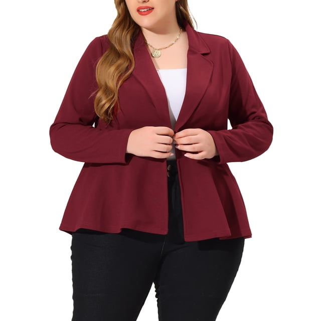 Agnes Orinda Women's Plus Size Blazer Button Notch Panel Ruffle Peplum Blazers 5X Burgundy