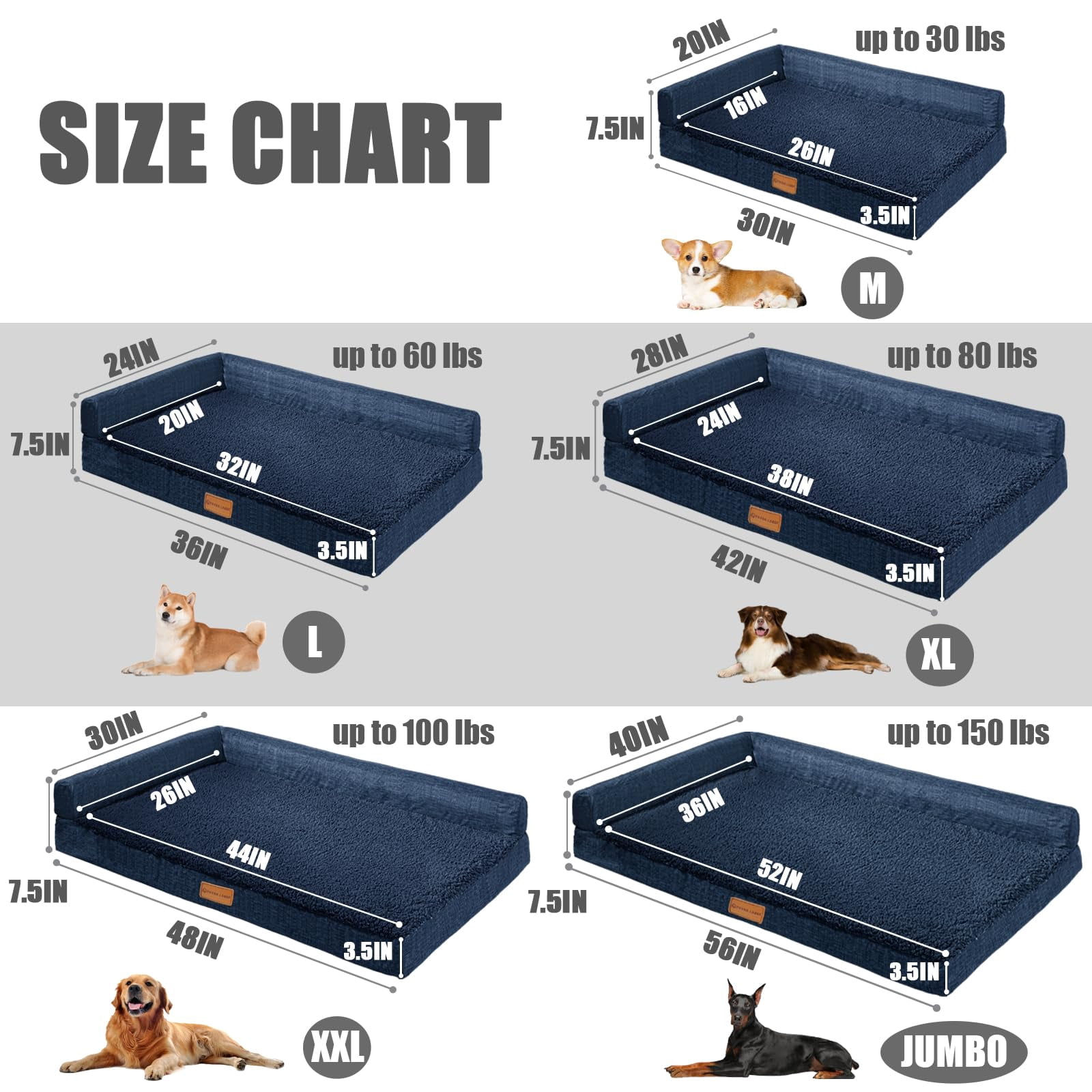 Orthopedic Dog Bed Medium Size 30x20x3.5 Inch Navy Blue, Waterproof L Bolster Pet Sofa
