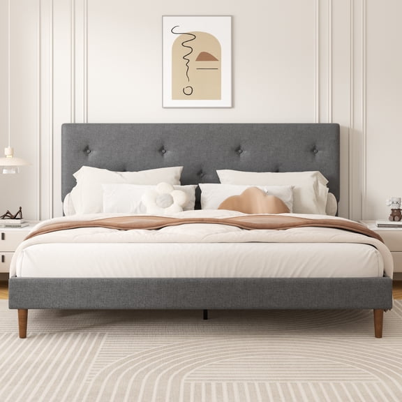 Frostbloom King Size Linen Upholstered Platform Bed Frame with Adjustable Headboard, Gray