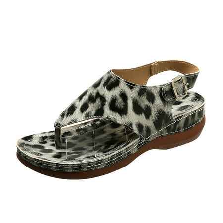 

ZAROYEAX Ladies Retro Leopard Print Clip Toe Buckle Thick Sole Sloping Heel Sandals