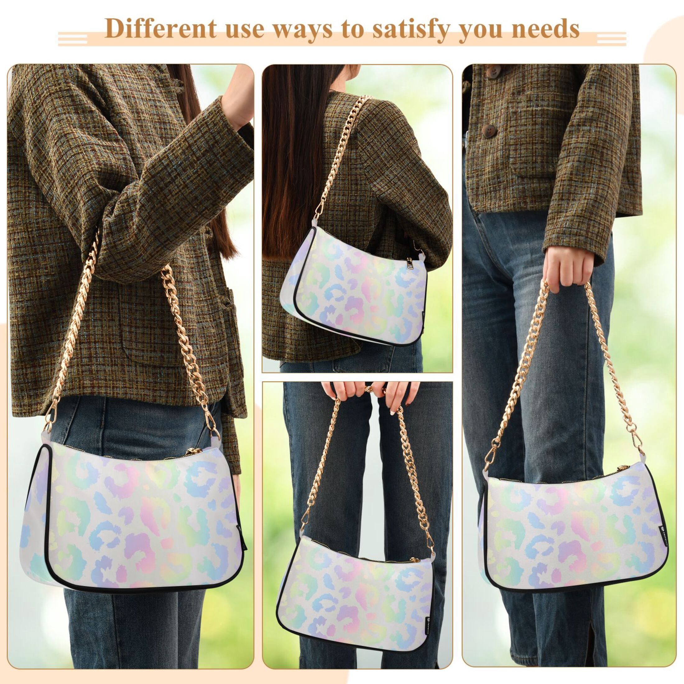 Iridescent Leopard Womens Chain Shoulder Bag Tote Handbag Clutch Hobo Purse with Zipper for Travel Casual