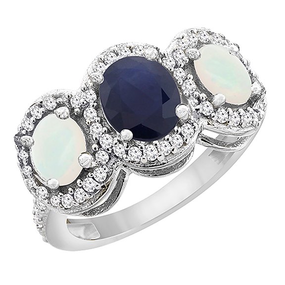 14K White Gold Natural Blue Sapphire & Opal 3-Stone Ring Oval Diamond Accent, size 9