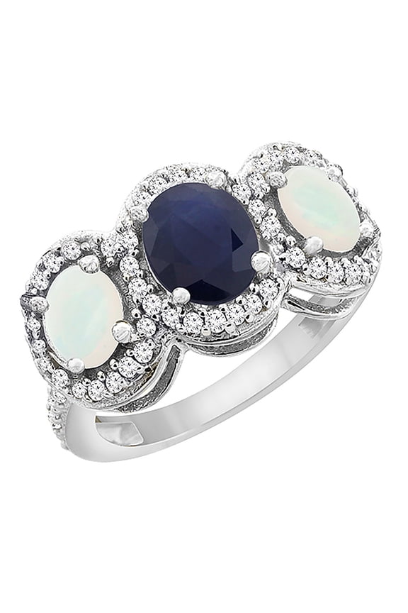 14K White Gold Natural Blue Sapphire & Opal 3-Stone Ring Oval Diamond Accent, size 5