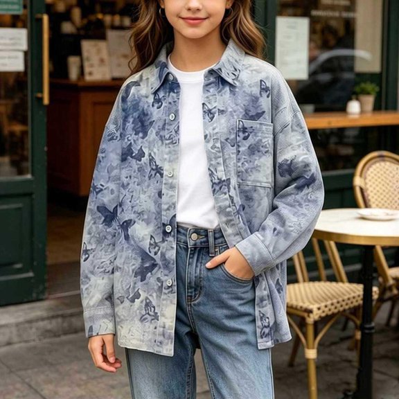ZOYOEN Girls Button Down Shirts with Pocket- Turndown Collar Casual Fashion Long Sleeve Kids Fall Shirts Gray Size 5-14 Years