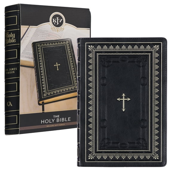 KJV Holy Bible Standard Size Faux Leather Red Letter Edition Thumb Index & Ribbon Marker, King James Version, Black/Gold Cross