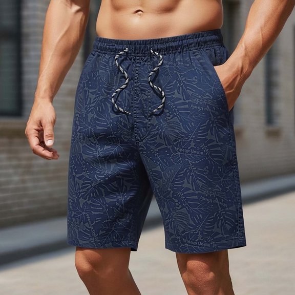 Men's Lightweight Beach Shorts, Elastic Waist with Aztec-Inspired Geometric Print, Breathable Shorts for Vacation and Outdoor Activities Dark Blue A XL
