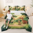 thumbnail image 2 of Feelyou Kawaii Family Dino Full Size Comforter Sets for Kids, Sunshine Wildlife Bedding Sets, Green Orange, Grey Reversible, 3-Piece, 2 of 6