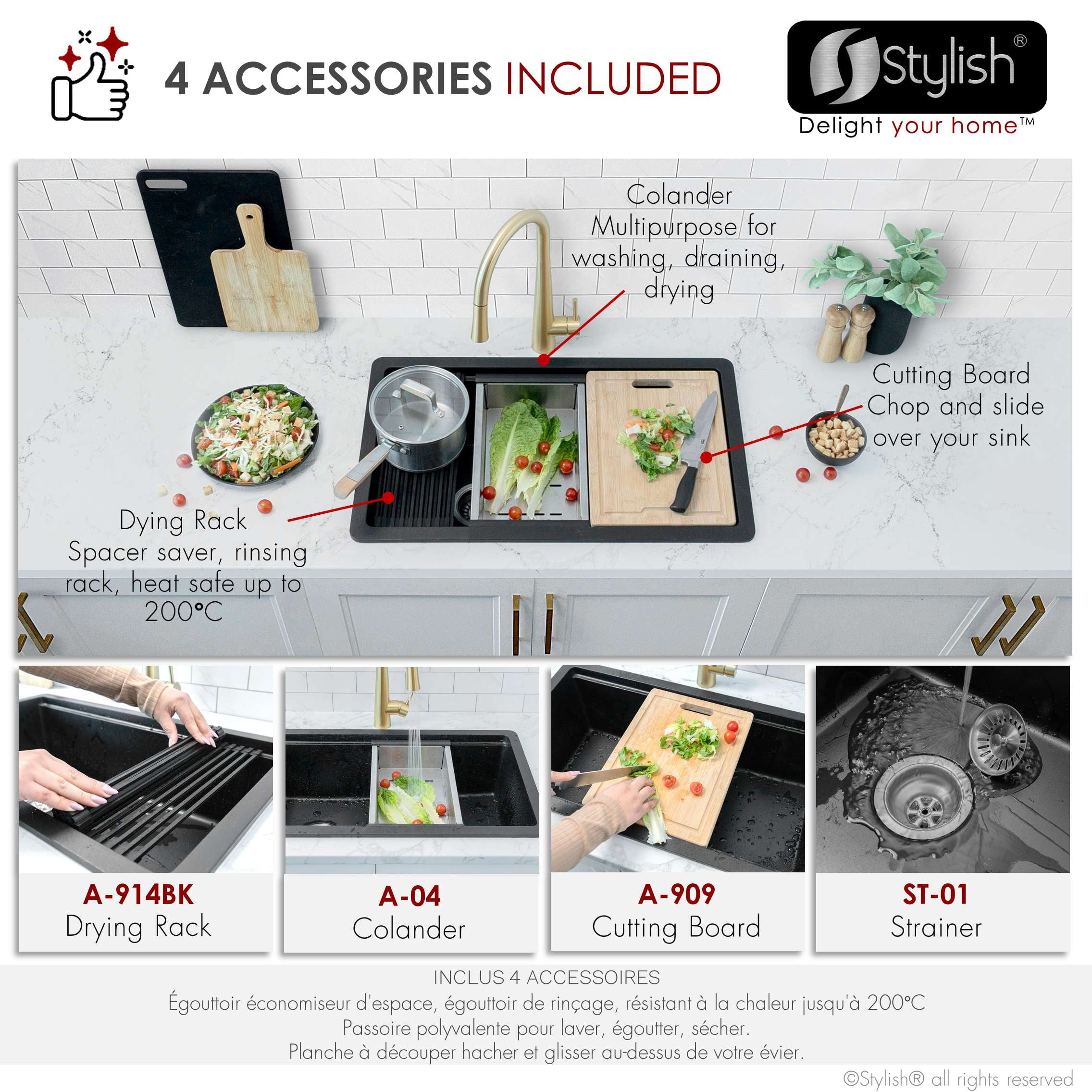 Stylish Dual Mount 28" Black Composite Granite Single Bowl Kitchen Sink with 4 accs S-828WN