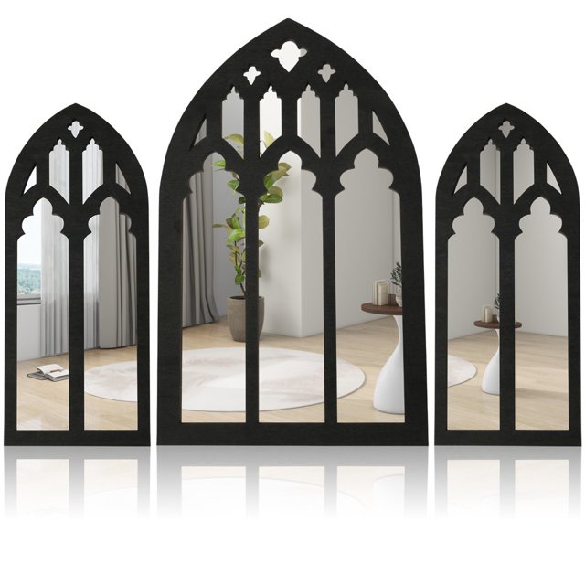 LNGOOR 3Pcs Window Wall Mirror Set Arched Wall Mirror Decor Self-Adhesive Wall Mirror for Living Room