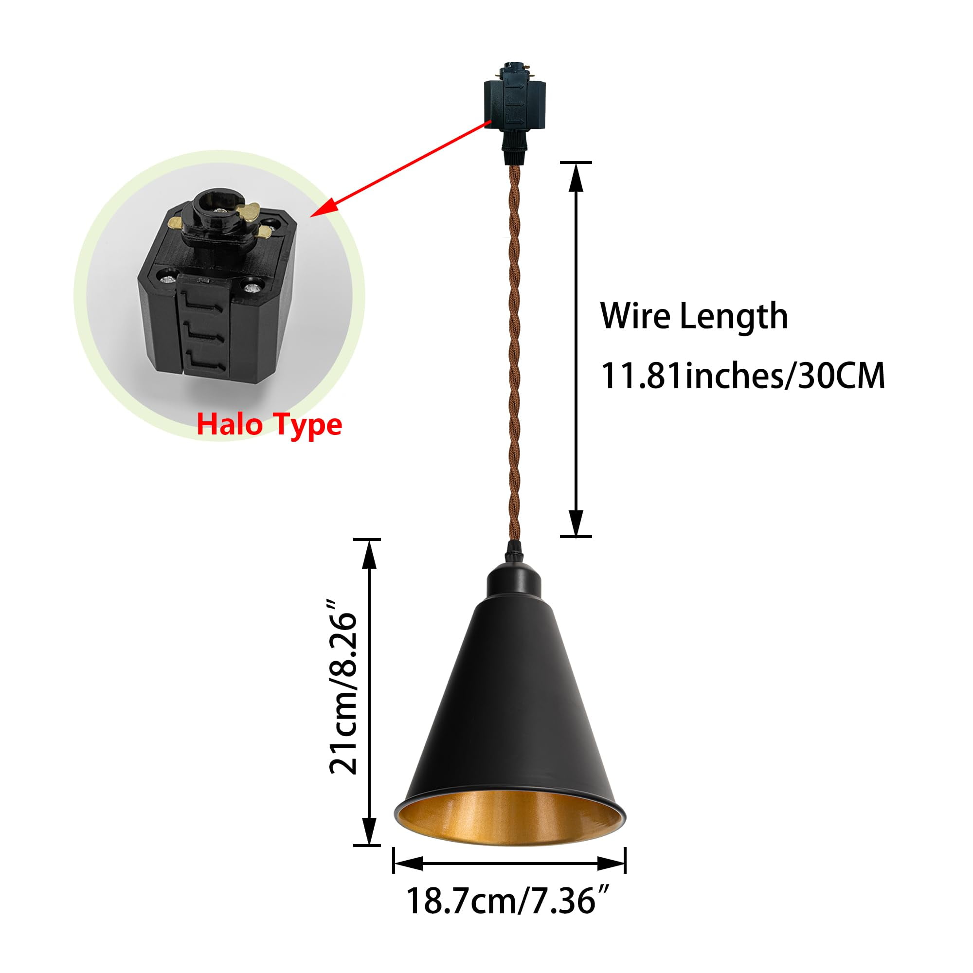 KAYYELAMP Black Metal Cone Shade Inner Gold Track Lighting H-Type 11.8 Inches Brown Twisted Cord Vintage Remote RGB Warm Light Track Lamp for Kitchen Dining Table Loft