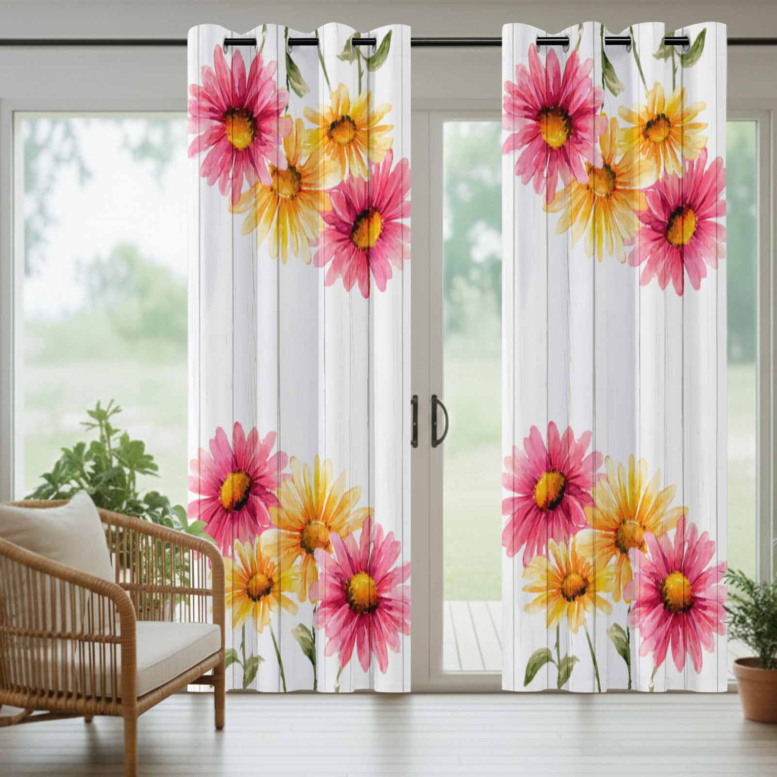 Yellow Pink Daisy Outdoor Curtains for Patio, Rustic Farmhouse Wooden Slats Sunshade Privacy Drapes Grommet Waterproof Outside Curtains for Porch/Cabana/Balcony 54"x 108", 1 Panel