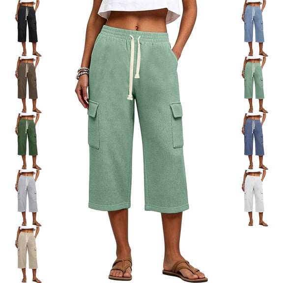 Women's Bermuda Capris Cargo Elastic Waist Drawstring Capri Pants Casual Loose Breathable Lightweight Travel Yoga Cropped Pants with Multiple Pockets