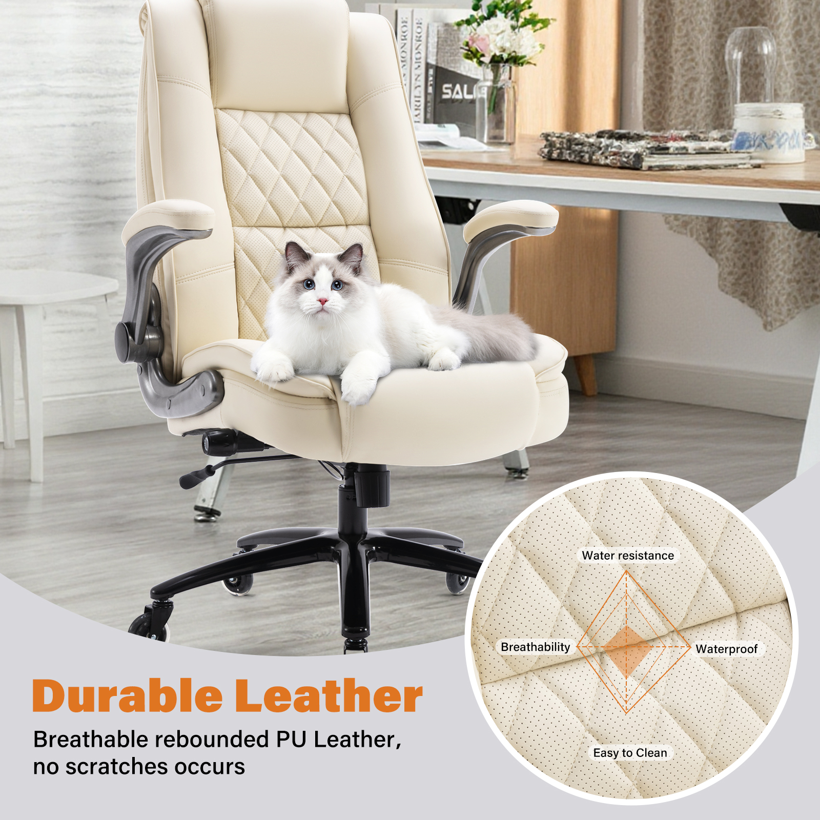 High Back Office Chair with Lumbar Support, Large Upholstered Executive Desk Chair, Faux Leather Computer Chair with Flip-up Arms, Rubber Wheels