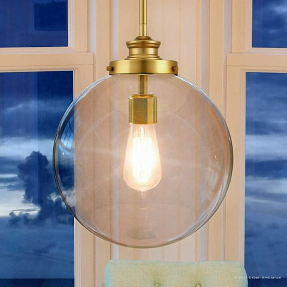 Urban Ambiance Luxury Transitional Pendant, Size: 15"H x 12"W, with Urban Industrial Style Elements, Native Brass Finish and Clear Shade, UHP2645