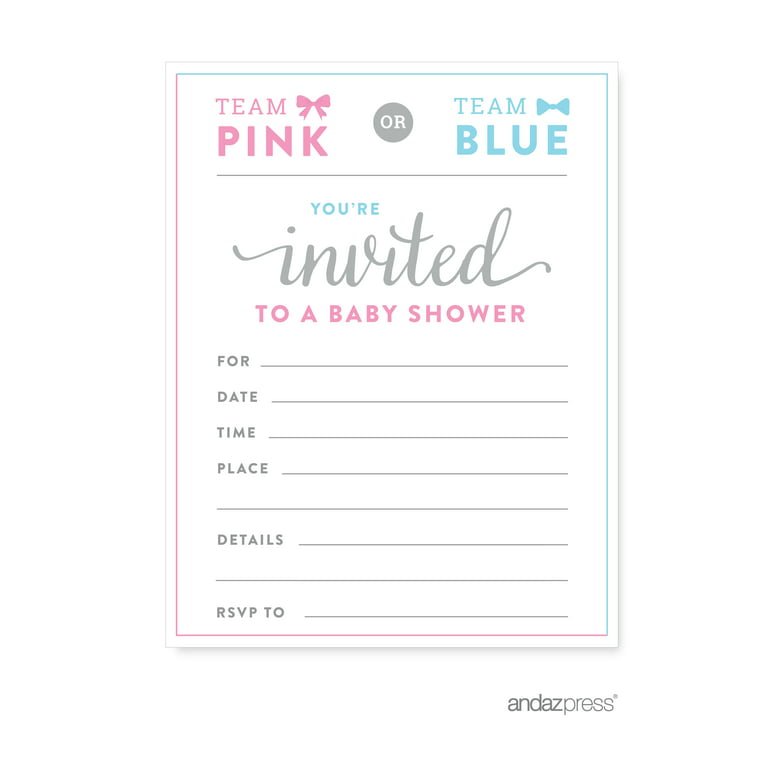Gender Reveal Baby Shower Pink or Blue, Blank Invitations with
