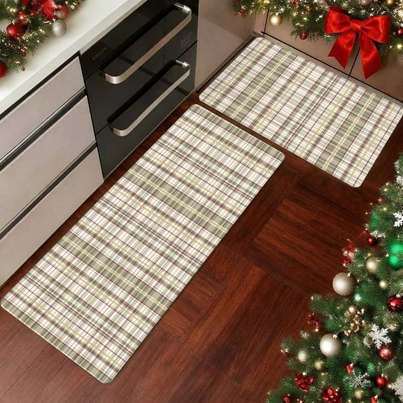 SAND KEEPER Light Green Plaid Kitchen Mat Set of 2, Non Slip Absorbent Washable Kitchen Rugs 17"x28" and 17"x48", Low Profile Runner Rug for Kitchen Sink Laundry Room, Farmhouse Decor