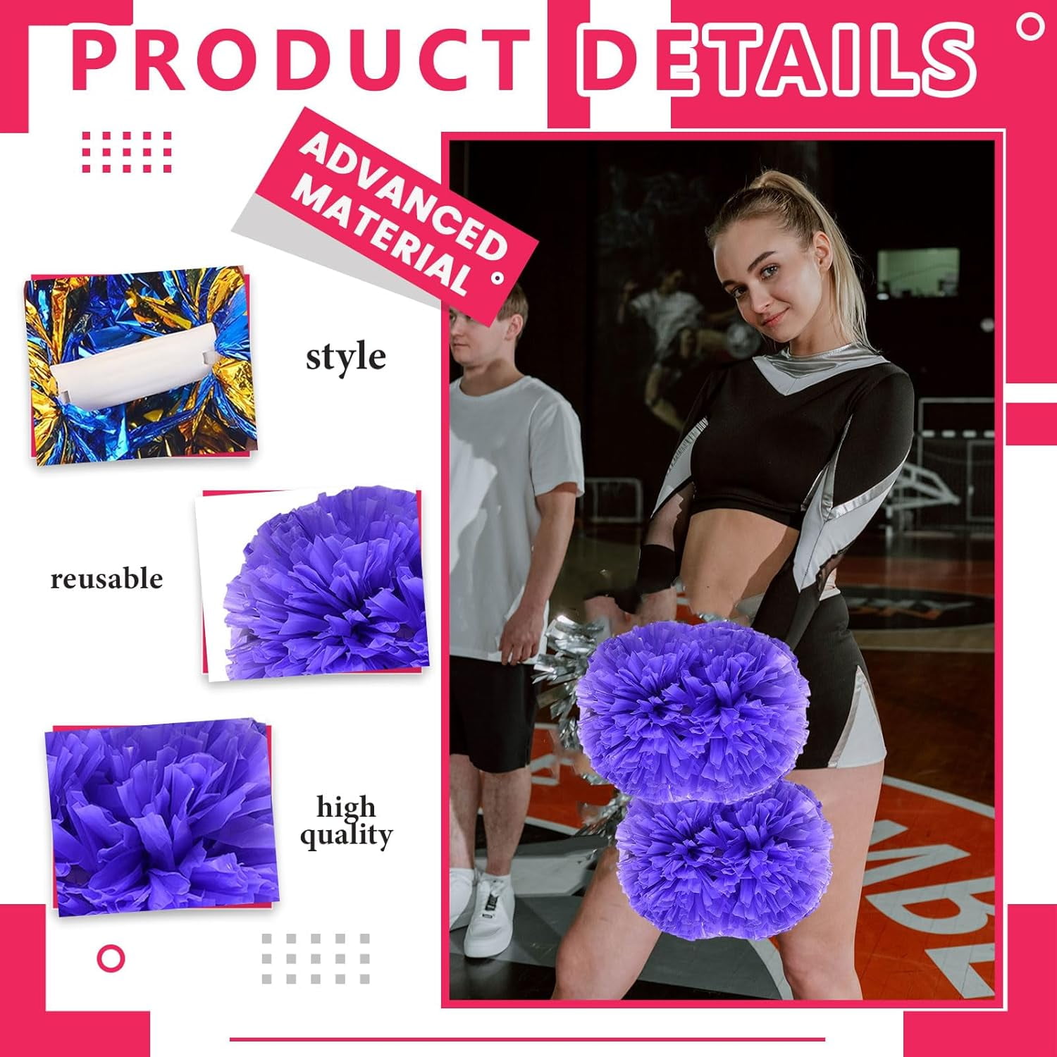 24 PCS pom poms Cheerleading,13.8inch for Sports Teams, Dance Training, and Party Celebrations with Handle Rings
