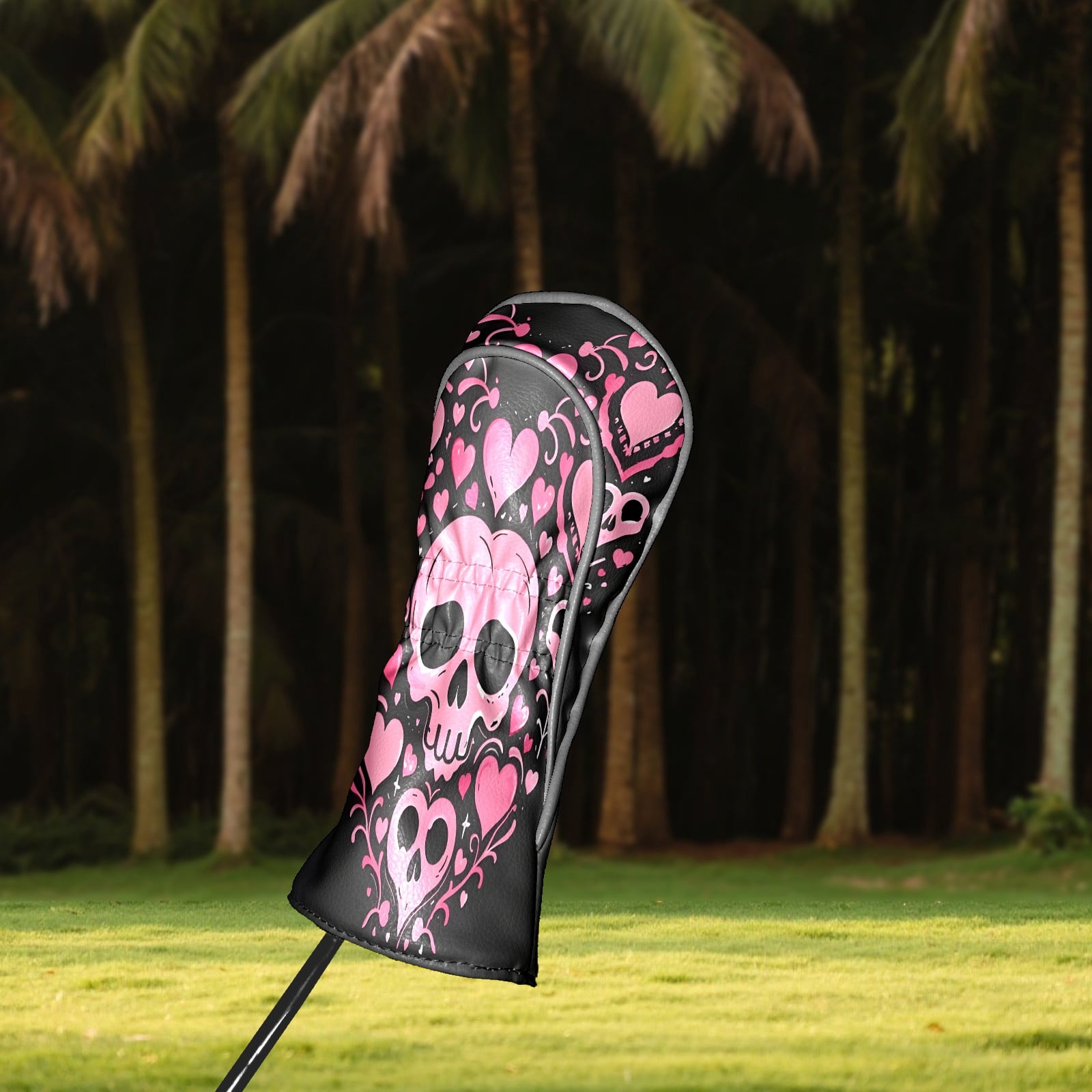 Golf Club Covers, Pink SkullHeart Premium PU Leather Driver Hybrid Putter Head Covers with Velvet Lining, Waterproof Golf Gifts for Men Women