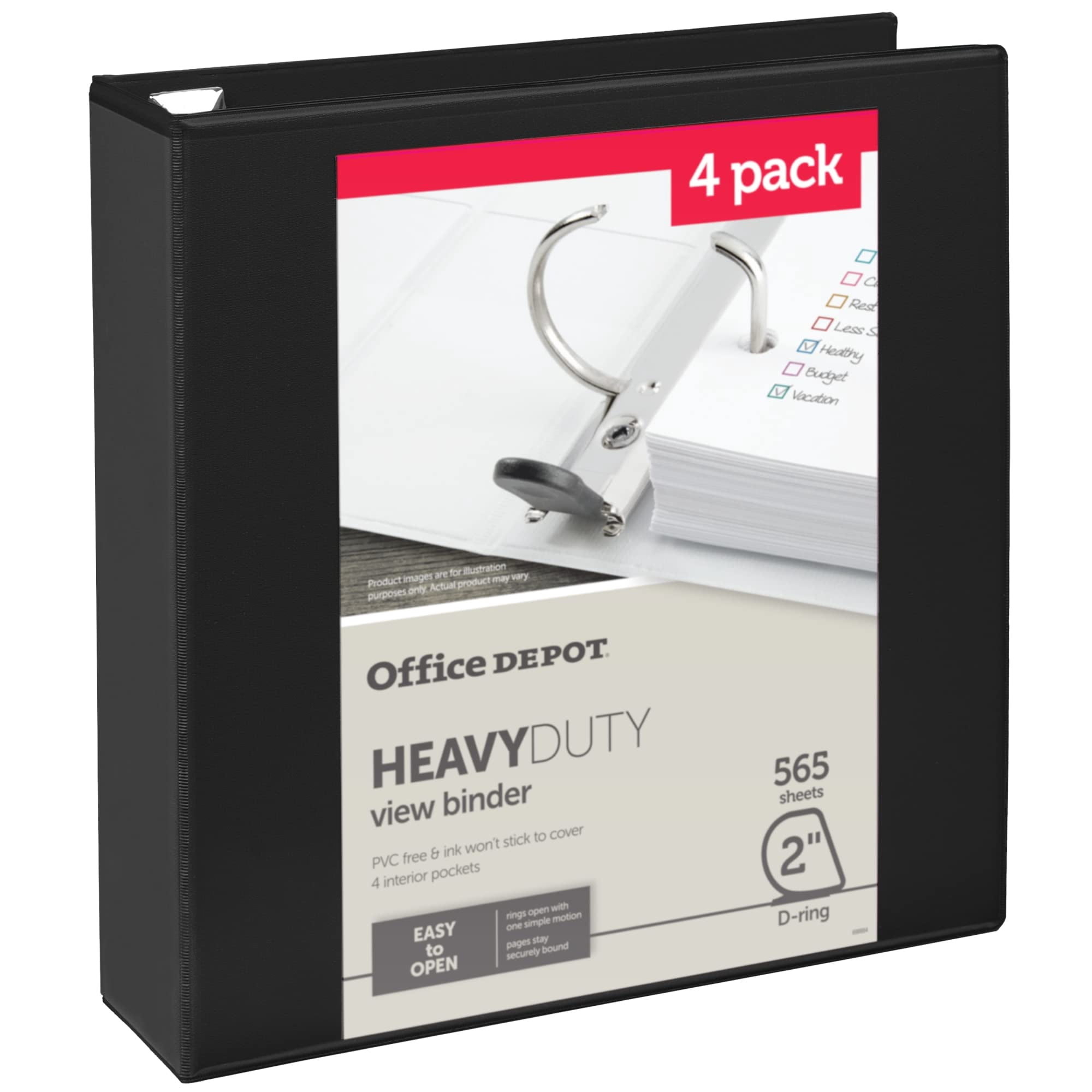 Office Depot® Heavy-Duty View 3-Ring Binder, 2" D-Rings, Black, 49% Recycled, Pack Of 4